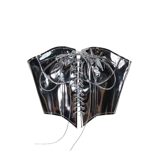 Silver Faux Leather Futuristic Lace Up Cropped Corset