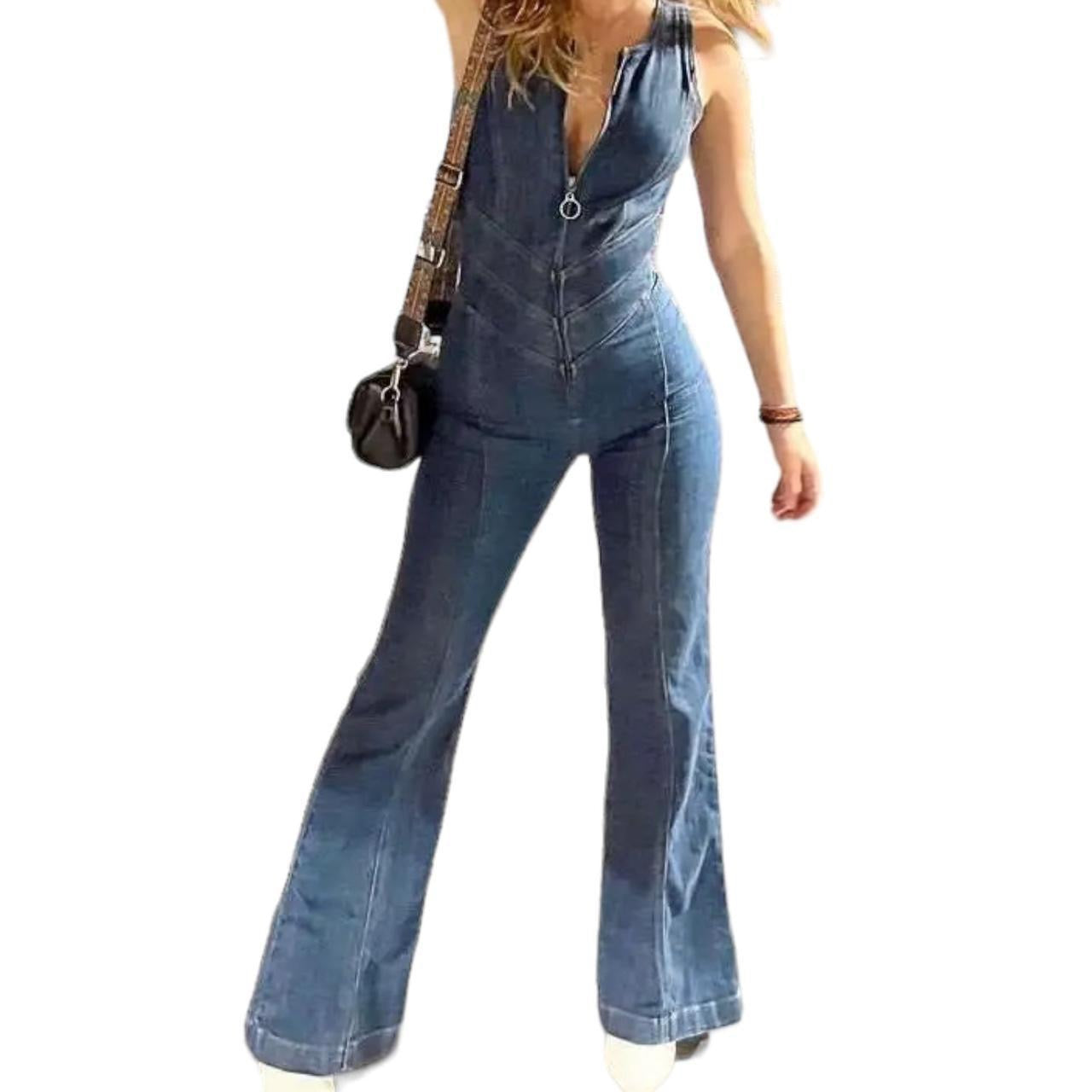 Blue Denim Heart Cut Out Flare Jumpsuit