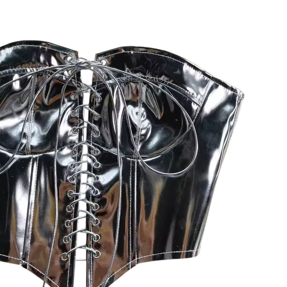 Silver Faux Leather Futuristic Lace Up Cropped Corset