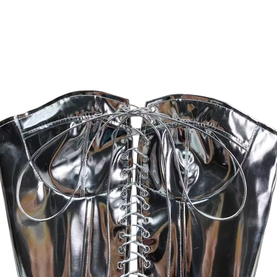 Silver Faux Leather Futuristic Lace Up Cropped Corset