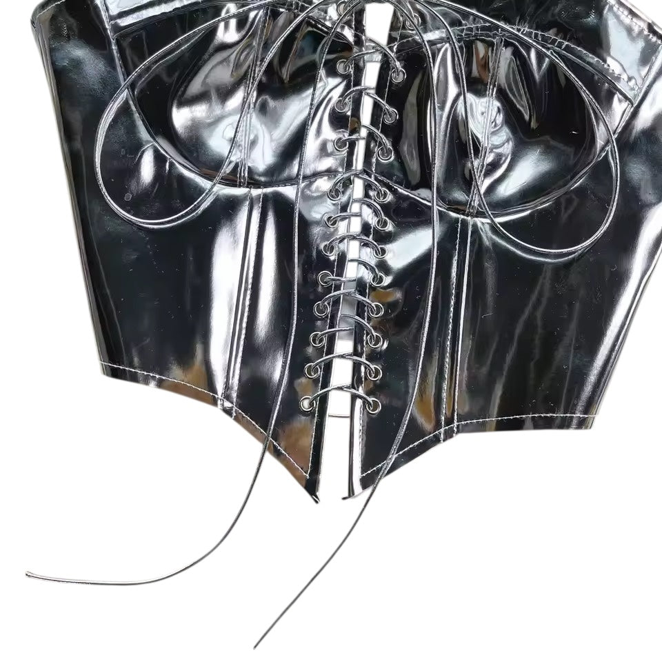 Silver Faux Leather Futuristic Lace Up Cropped Corset