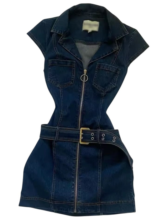 Blue Denim Y2k Belt Mini Minimalist Dress