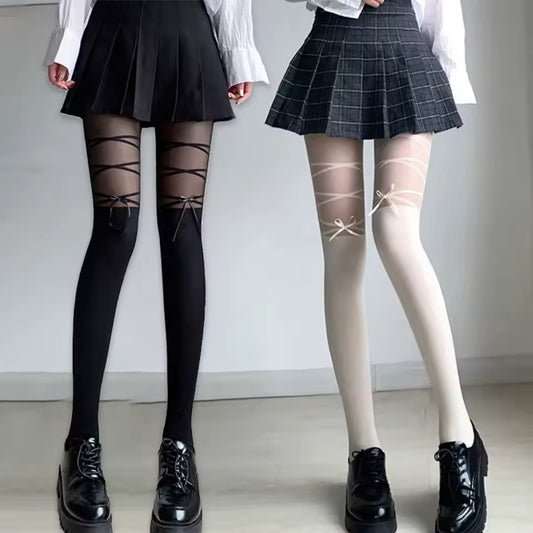 Lolita Block Sock Ribbon Grunge Tights