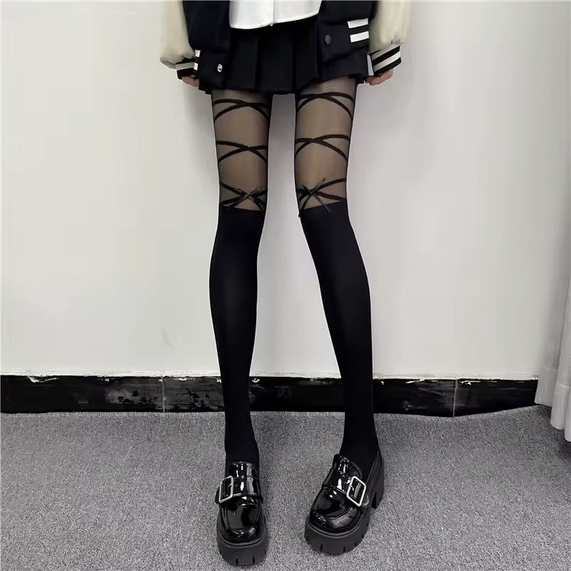 Lolita Block Sock Ribbon Grunge Tights