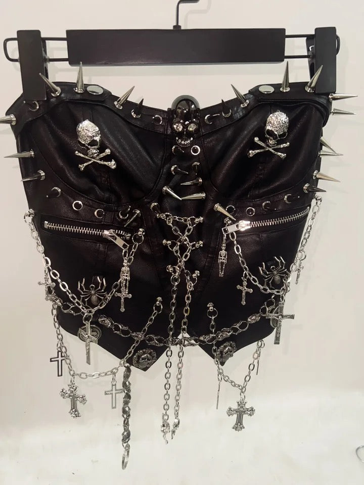 Black Punk Studded Chain Corset Crop Top