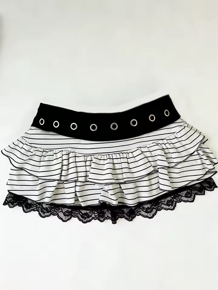 White And Black Striped Frill Y2k Emo Mini Skirt