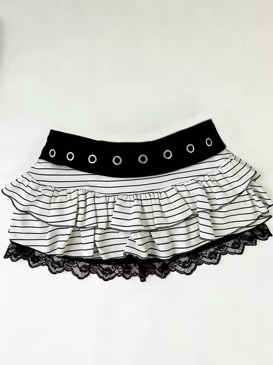 White And Black Striped Frill Y2k Emo Mini Skirt