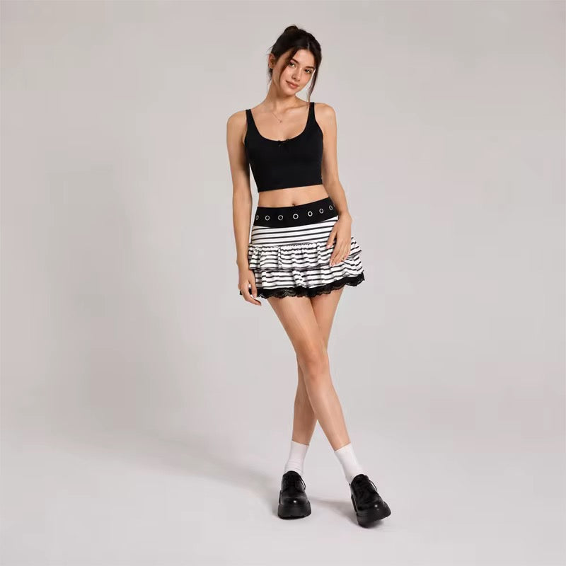 White And Black Striped Frill Y2k Emo Mini Skirt