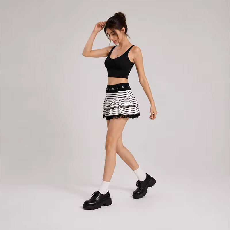 White And Black Striped Frill Y2k Emo Mini Skirt