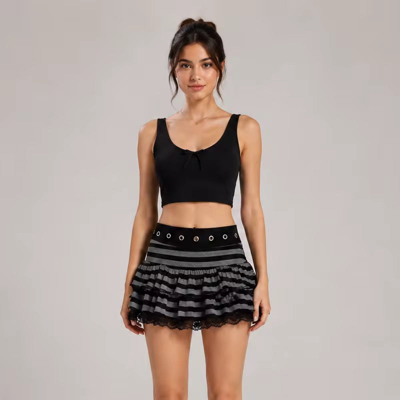 Grey And Black Striped Mini Frill Y2k Emo Mini Skirt
