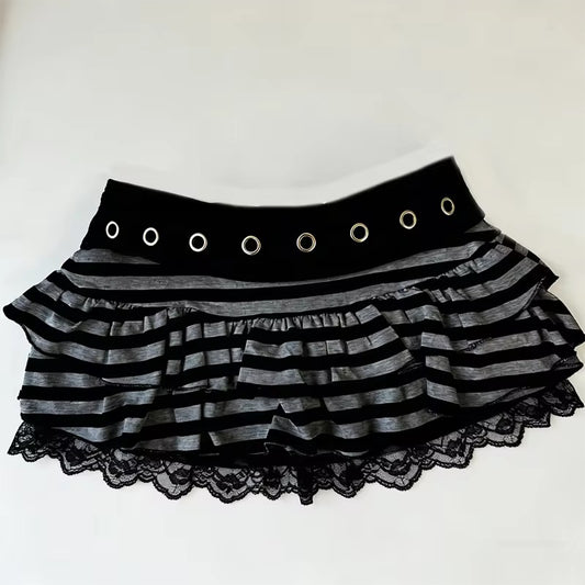 Grey And Black Striped Mini Frill Y2k Emo Mini Skirt