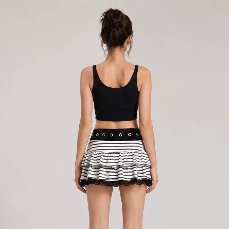 White And Black Striped Frill Y2k Emo Mini Skirt