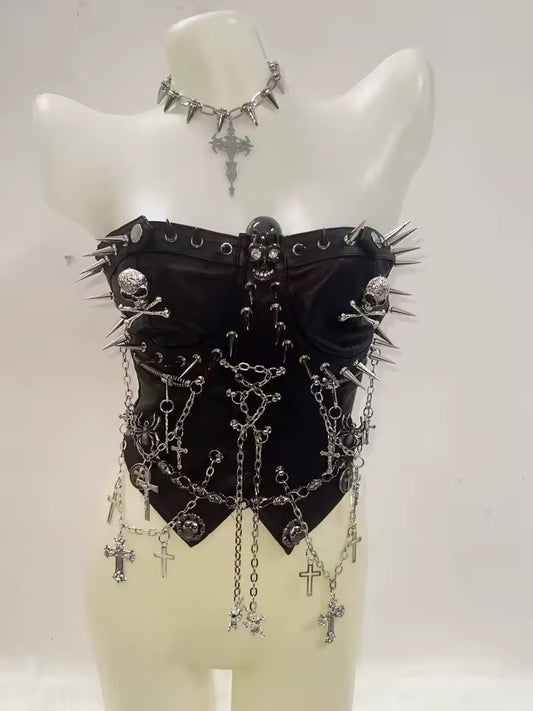 Black Punk Skull Charm Chain Strapless Utility Corset Top