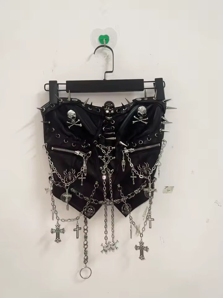 Black Punk Skull Charm Chain Strapless Utility Corset Top