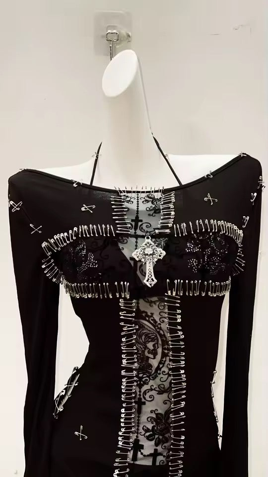Black Dark Empress Cross Gothic Long Sleeve Tank Top