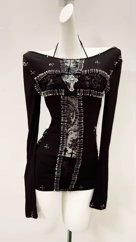 Black Dark Empress Cross Gothic Long Sleeve Tank Top
