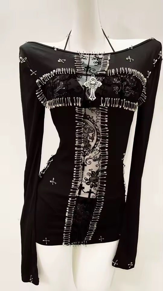 Black Dark Empress Cross Gothic Long Sleeve Tank Top