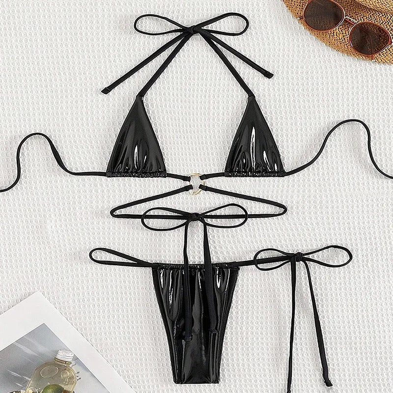 Black Metallic Faux Leather Micro Bikini Set