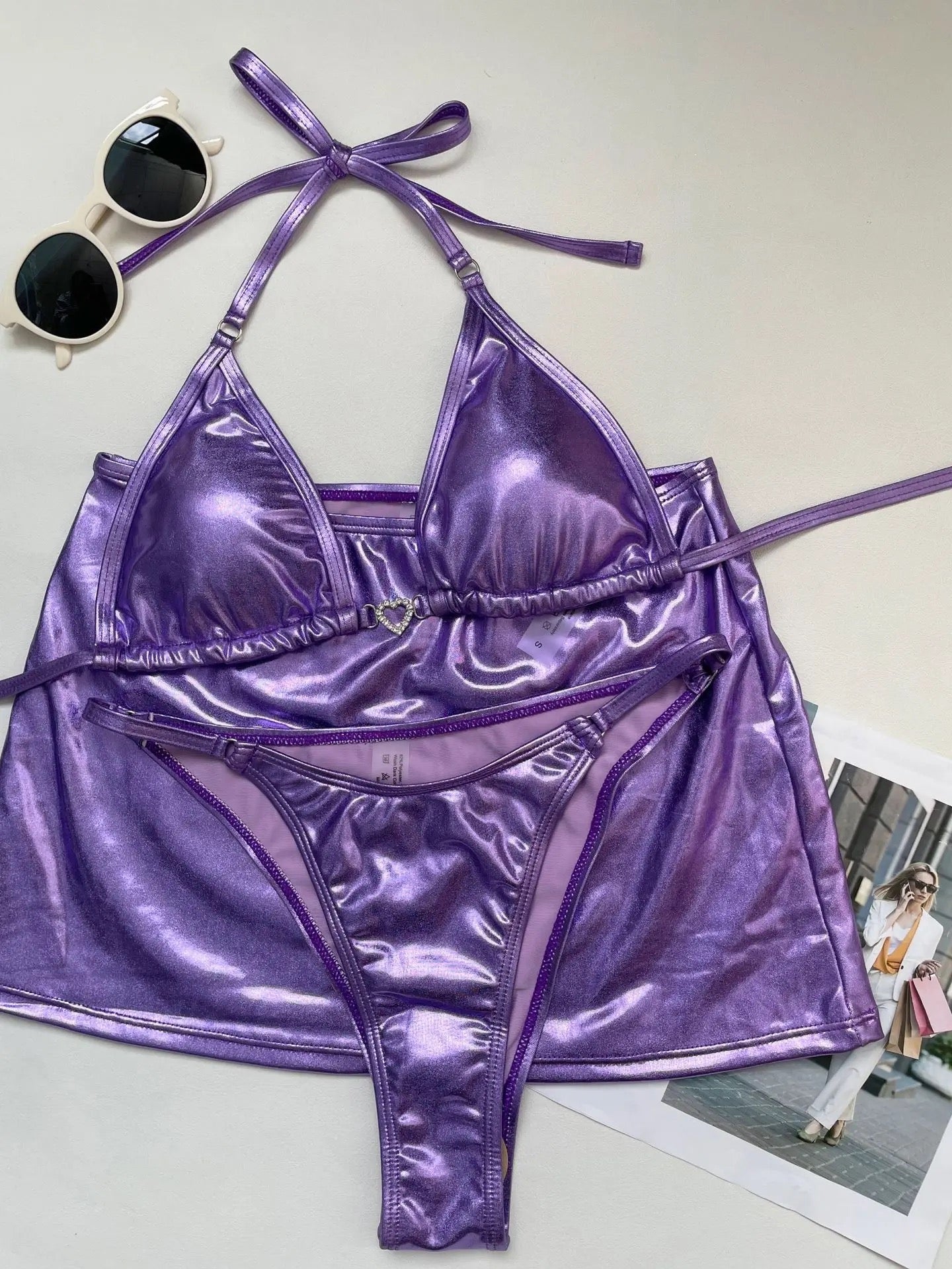 Purple Metallic 3 Piece Bikini Cover Up Set