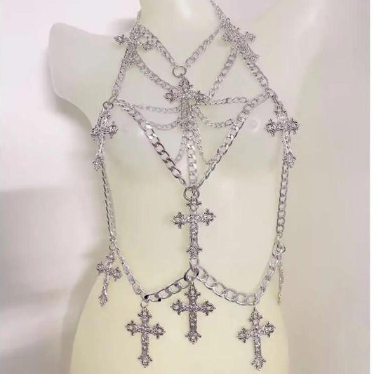 Silver Chain Gothic Cross Punk Body Harness