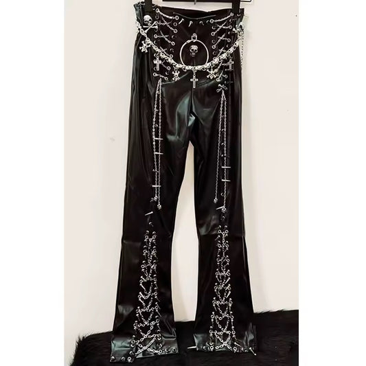 Black Faux Leather Flare Punk Chain Belt Spike Trousers