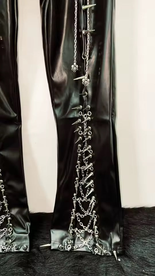 Black Faux Leather Flare Punk Chain Belt Spike Trousers
