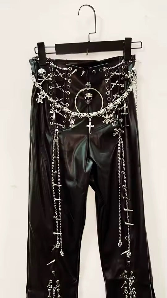 Black Faux Leather Flare Punk Chain Belt Spike Trousers