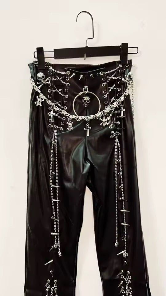 Black Faux Leather Flare Punk Chain Belt Spike Trousers