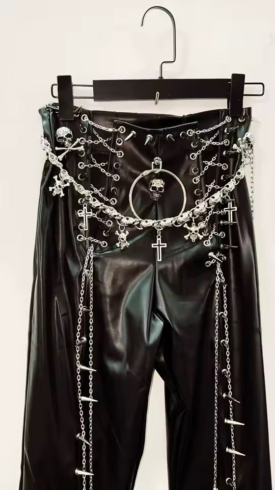 Black Faux Leather Flare Punk Chain Belt Spike Trousers
