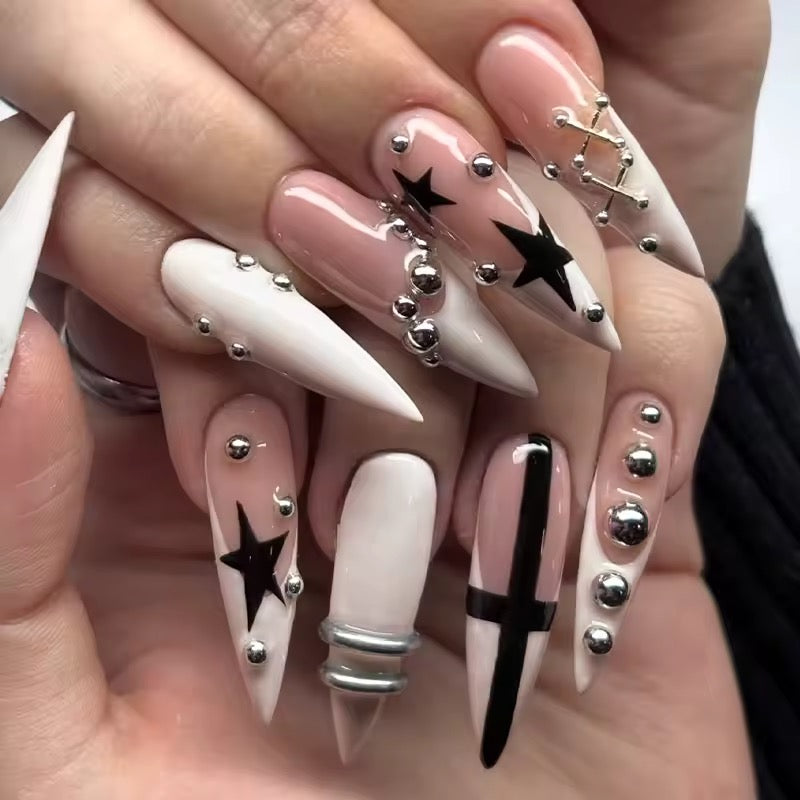 Punk Star Long Almond Fake Nails French Tip Studded 24 Piece Set