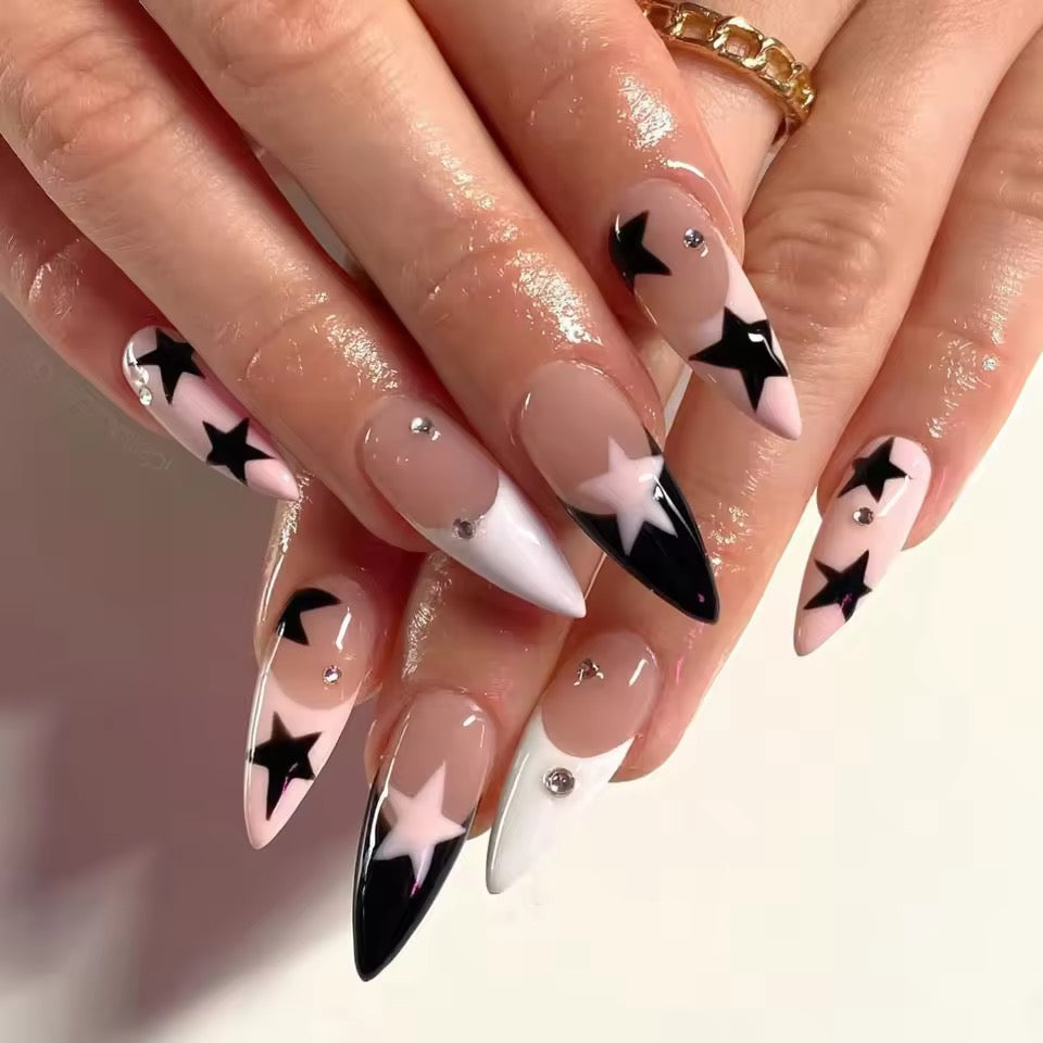 Y2k Star Monochrome Pink French Tip Almond False Nails 24 Piece Set