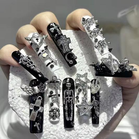 Black And White Monochrome Gothic Baddie Embellished Long Square False Nails