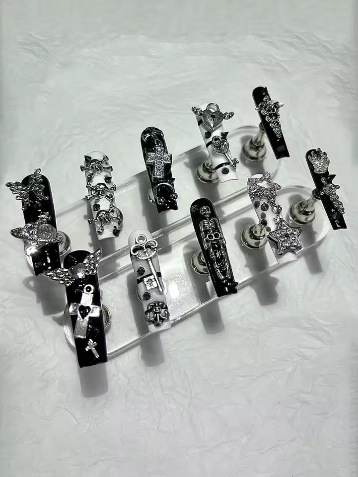 Black And White Monochrome Gothic Baddie Embellished Long Square False Nails