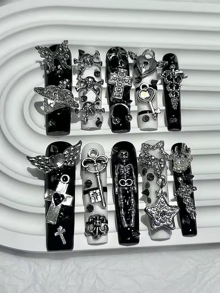 Black And White Monochrome Gothic Baddie Embellished Long Square False Nails