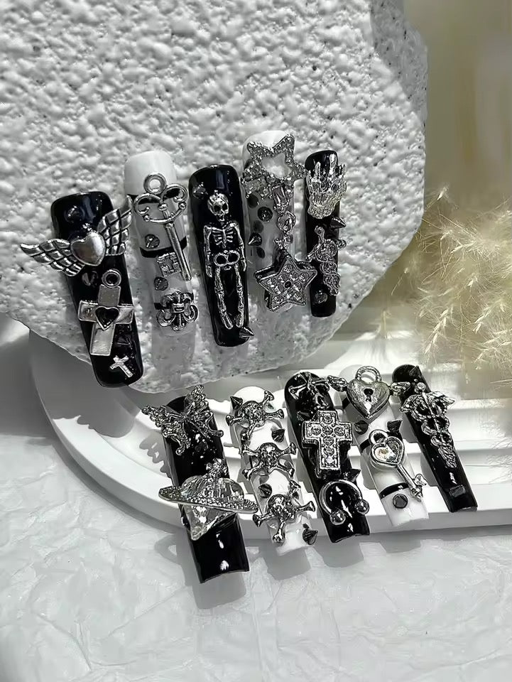 Black And White Monochrome Gothic Baddie Embellished Long Square False Nails