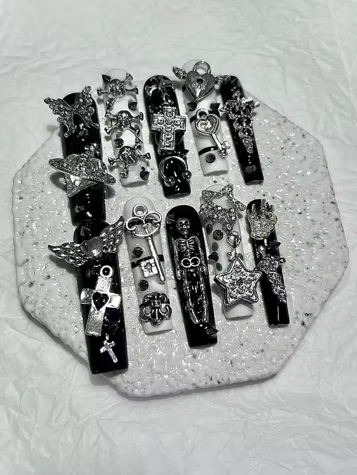 Black And White Monochrome Gothic Baddie Embellished Long Square False Nails