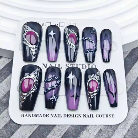 Purple 3D Gothic Spell Square Tip False Nails Set