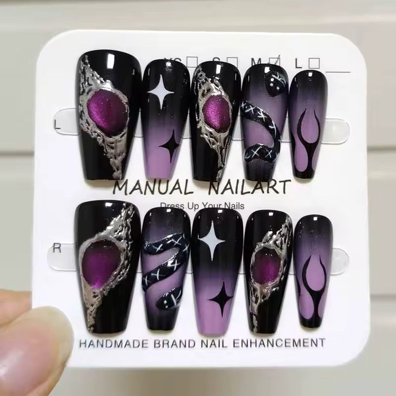 Purple 3D Gothic Spell Square Tip False Nails Set