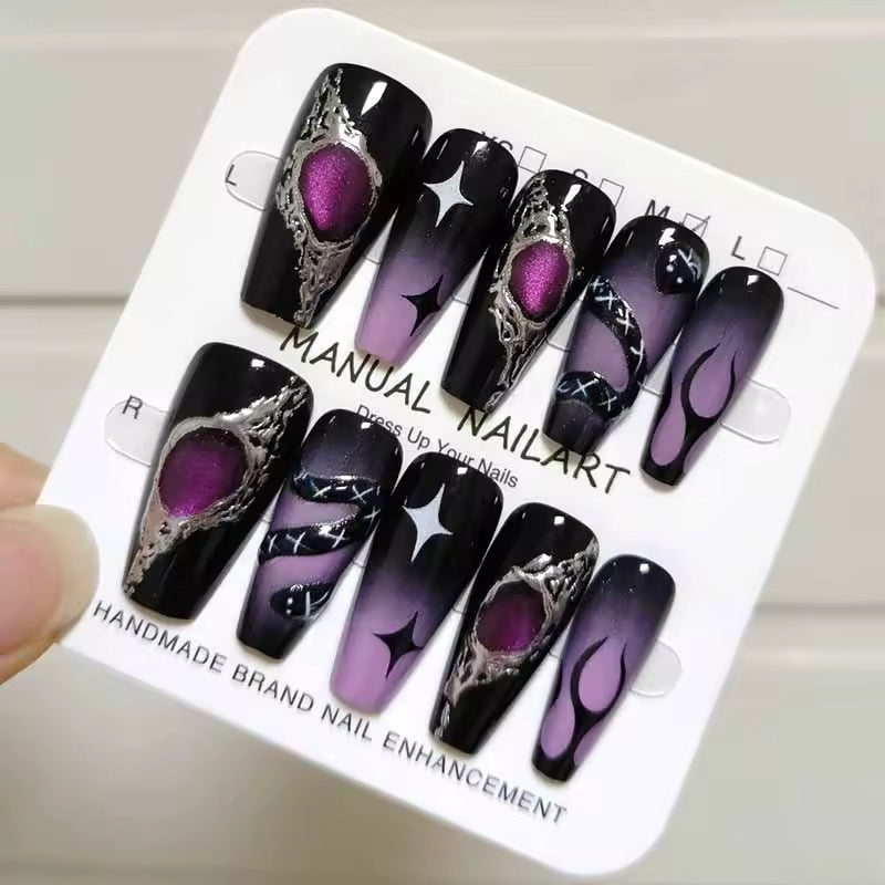 Purple 3D Gothic Spell Square Tip False Nails Set