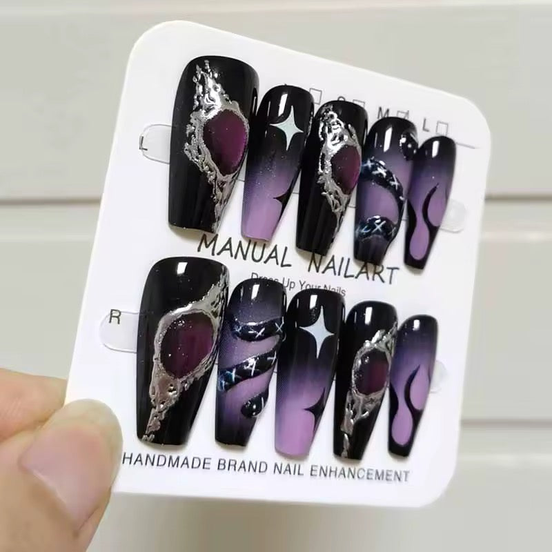Purple 3D Gothic Spell Square Tip False Nails Set
