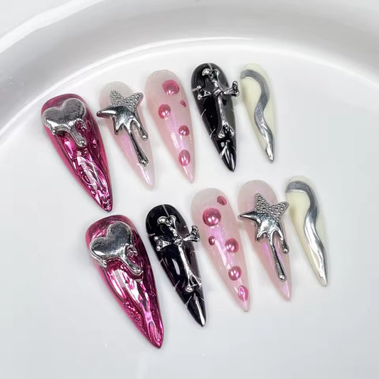 Pink Y2K Pastel Goth Embellished Long Almond False Nails Handmade Set