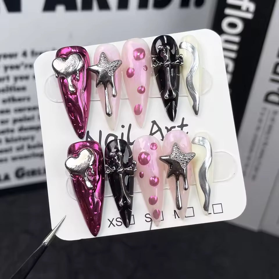 Pink Y2K Pastel Goth Embellished Long Almond False Nails Handmade Set