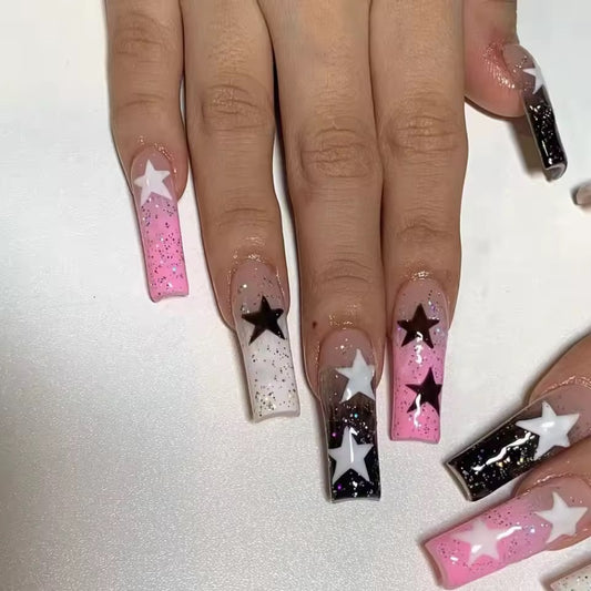 Pink And Black Glitter Star Long Square Tip Y2k Punk False Nail 24 Set