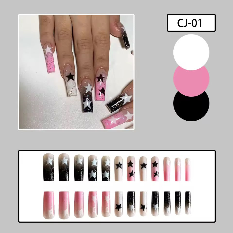 Pink And Black Glitter Star Long Square Tip Y2k Punk False Nail 24 Set