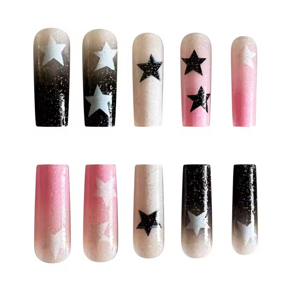 Pink And Black Glitter Star Long Square Tip Y2k Punk False Nail 24 Set