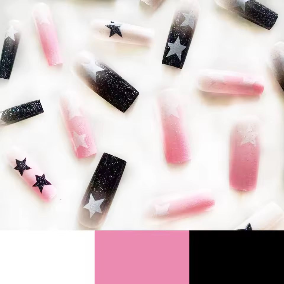 Pink And Black Glitter Star Long Square Tip Y2k Punk False Nail 24 Set