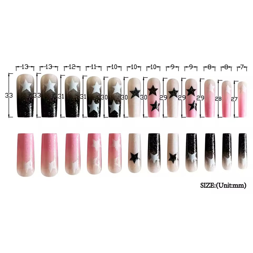 Pink And Black Glitter Star Long Square Tip Y2k Punk False Nail 24 Set