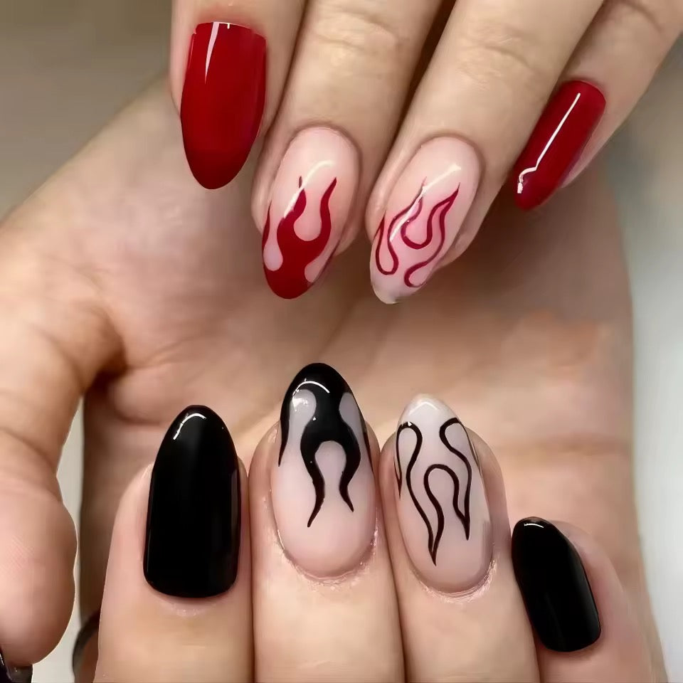 Red And Black Flame Punk 24 Piece Almond Shape Short False Nail Set