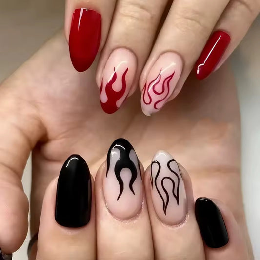 Red And Black Flame Punk 24 Piece Almond Shape Short False Nail Set
