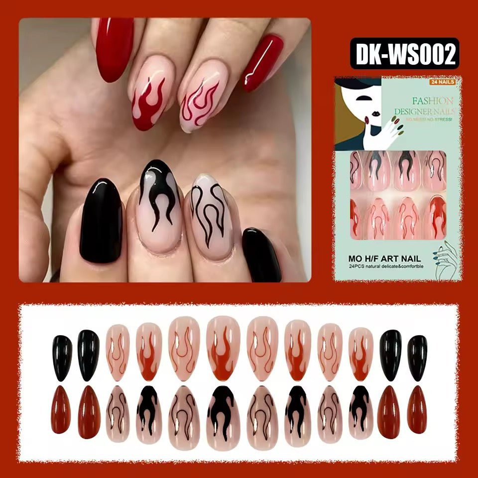 Red And Black Flame Punk 24 Piece Almond Shape Short False Nail Set